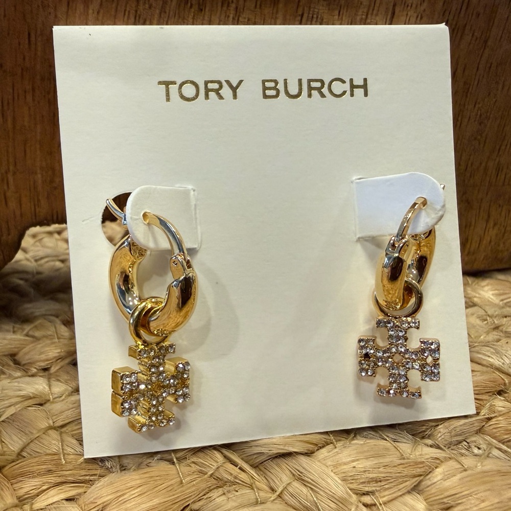 Tory Burch Kira Gold Diamond Pave Logo Stud Earrings Drop Hoop Hoops